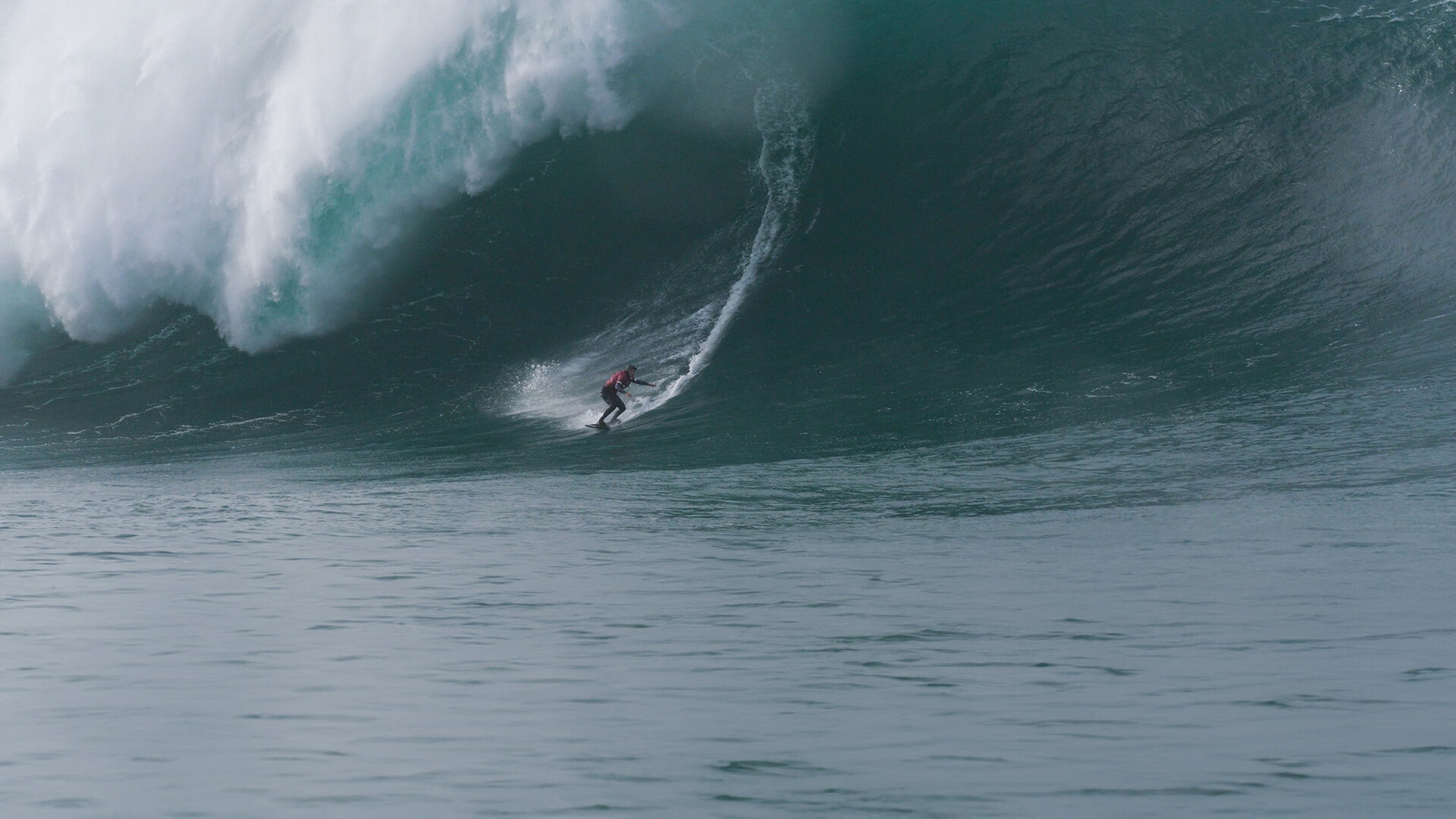 A surfer surfs a giant wave